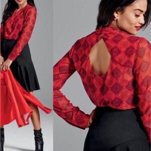 Cabi Red Diamond Blouse Womens S Small Draped Neckline Peekaboo Keyhole Back